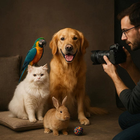 Photographer taking photo of golden retriever, cat and parrotの写真素材