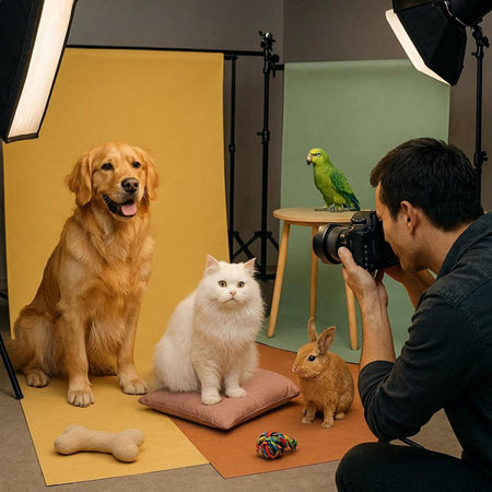 Photographer taking photo of dog, cat and parrot in studioの写真素材