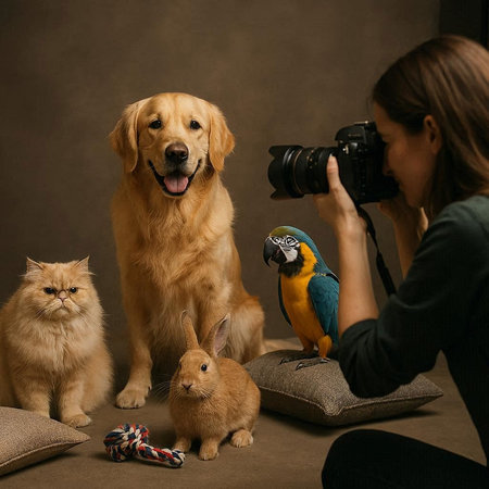 Photographer taking photo of golden retriever, cat, dog and macawの写真素材
