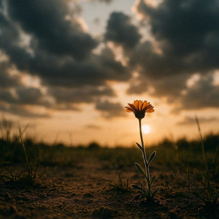 Calendula officinalis flower in the field with sunset background