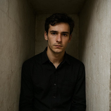 Portrait of a handsome young man in black shirt leaning against wallの写真素材