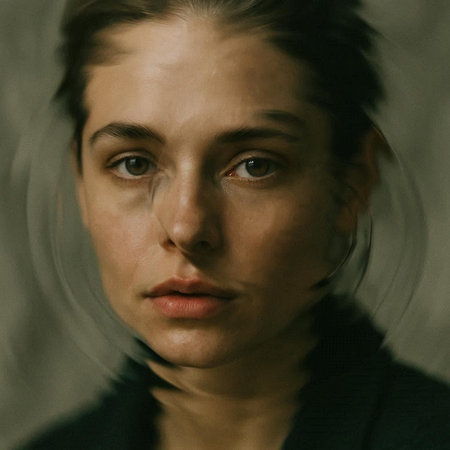 Portrait of a beautiful young woman in a dark room with smokeの写真素材