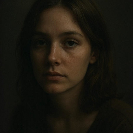 Portrait of a young woman on a dark background. Close-up.の写真素材