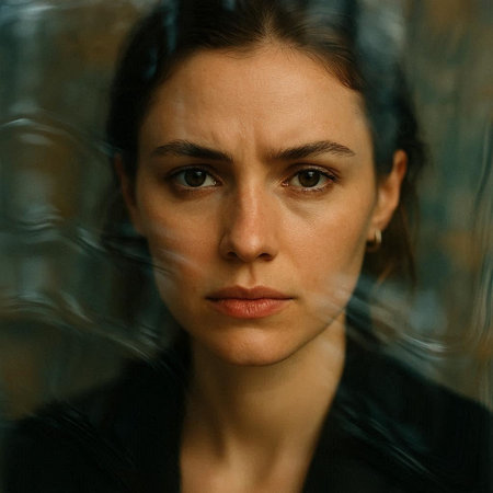 Portrait of a young woman looking at the camera through the windowの写真素材