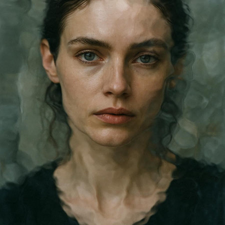 Portrait of a beautiful young woman with curly hair and blue eyesの写真素材