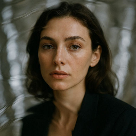 Portrait of a beautiful young woman in a black dress in the studioの写真素材
