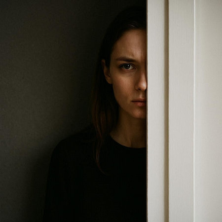 Portrait of a young woman looking out of the white door.の写真素材
