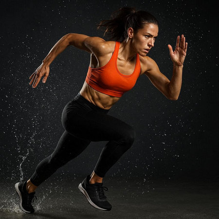 Young beautiful fitness woman running under water drops on a dark background.
