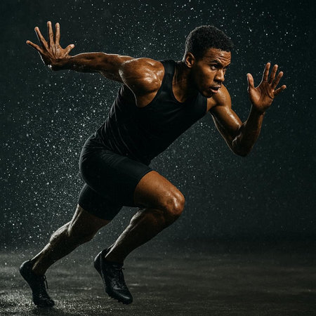 Young handsome african american man in black sportswear running under rain on black background.の写真素材