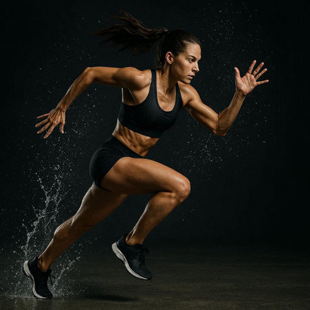 Portrait of a beautiful athletic woman running in the rain on black backgroundの写真素材