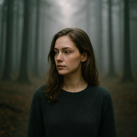 Young woman in the dark forest. Photo in old color image style.の写真素材