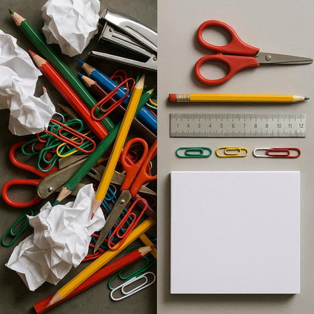 Office supplies on grey background. Back to school concept. Flat lay, top view