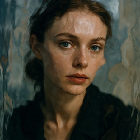 Portrait of a beautiful woman in a dark room with a mirrorの写真素材