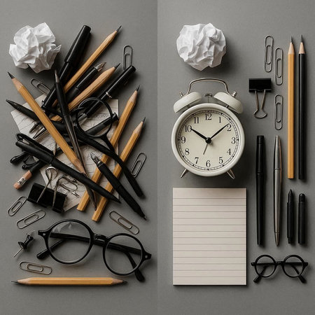 Flat lay composition with office supplies on grey background. Top view