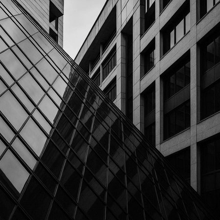 Modern office buildings. Architectural details of modern building. Black and white.