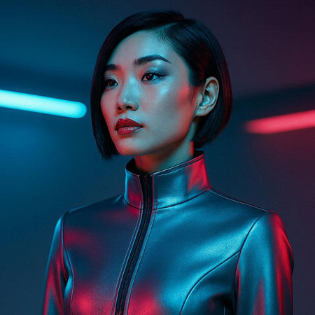 beautiful asian woman in leather jacket posing in studio with neon lightの写真素材