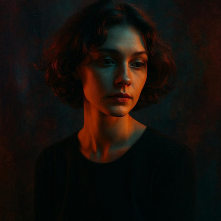 Portrait of a young beautiful woman with curly hair. Studio shot.の写真素材