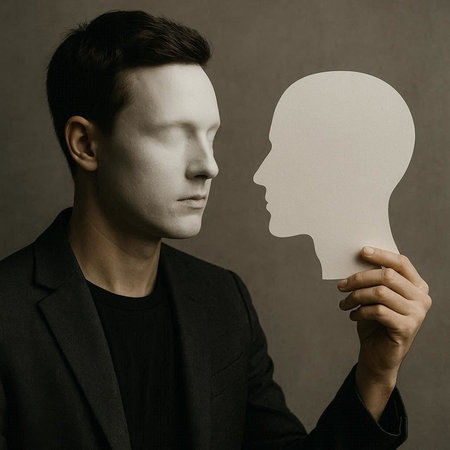 Young man holding a paper head on a dark background. Mental health concept.の写真素材