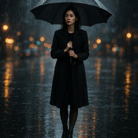 Beautiful asian woman in raincoat with umbrella at night.の写真素材