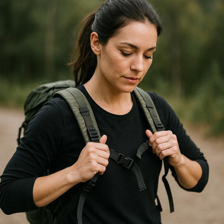 Portrait of a beautiful young woman with backpack hiking in nature.