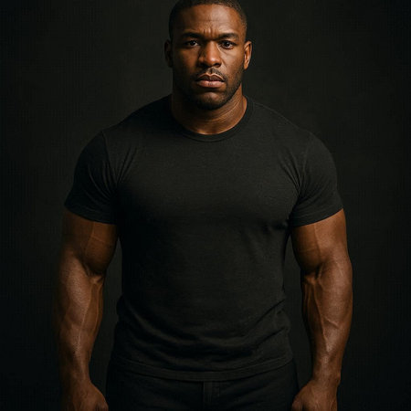 Handsome african american man in black t-shirt on dark background