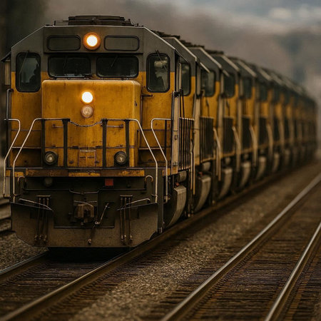 Train on the railway. Freight transportation of goods by rail.