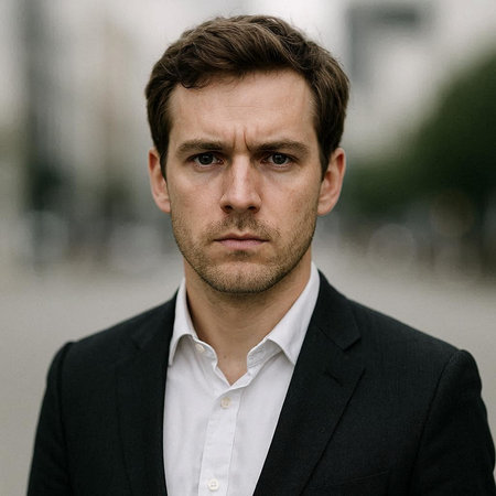 Portrait of a serious young man in a black suit looking at the camera