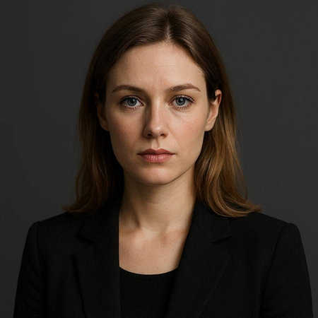 Portrait of a young businesswoman wearing a suit against a grey background