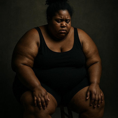 Portrait of an african american fat man sitting on a stool