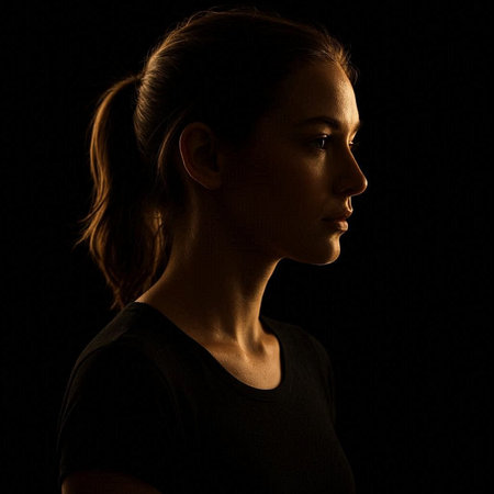 Side view portrait of a young woman looking away against a black background