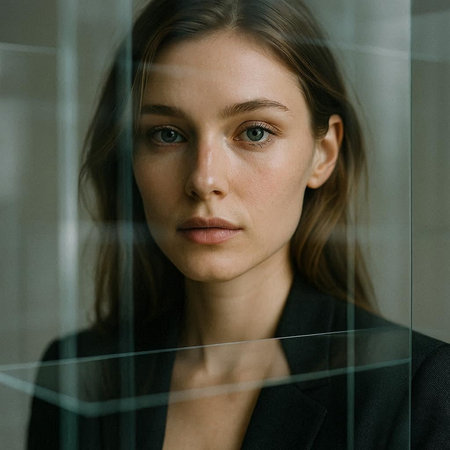 Portrait of serious young businesswoman looking at camera through glass window