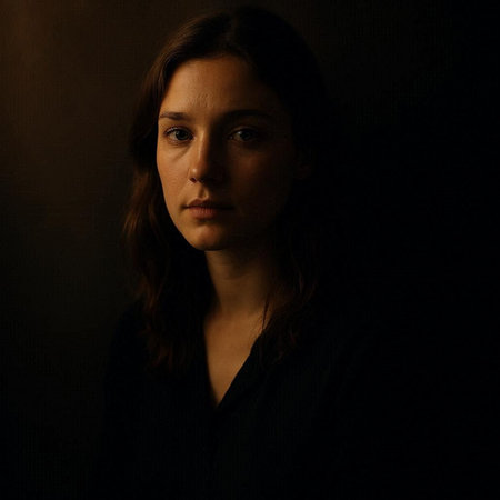 Portrait of a beautiful brunette woman in a dark room.