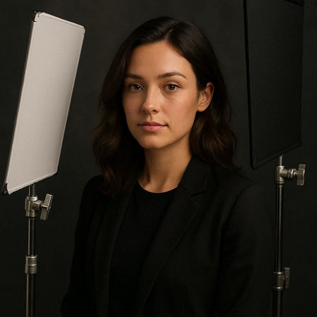 Portrait of a beautiful brunette woman in a black suit on a black background