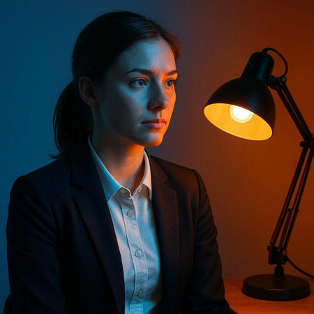 Portrait of a businesswoman in a dark room with a lamp