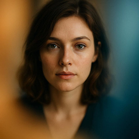 Portrait of a beautiful young woman with brown eyes looking at camera