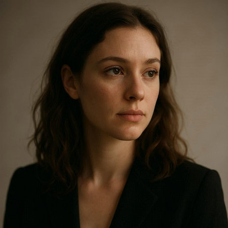 Portrait of a young woman in a black jacket on a gray background