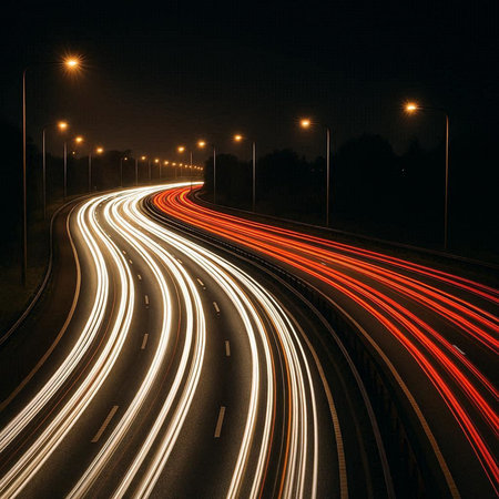 Car light trails on the highway at night. Long exposure photo.
