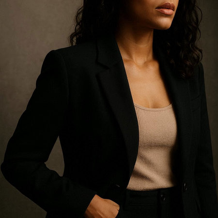 Close up of a business woman wearing a black suit with her hands in her pockets.