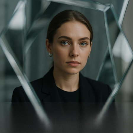 portrait of young businesswoman looking at camera through glass panel in office