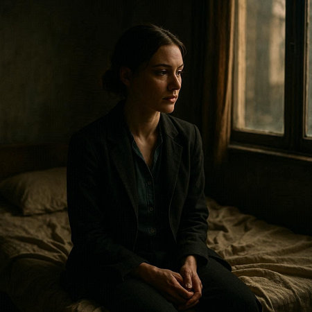 Portrait of a young woman sitting on the bed in a dark room.