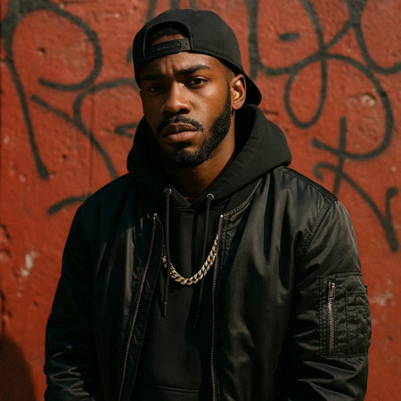 Handsome african american man in black leather jacket and cap posing in front of graffiti wall.