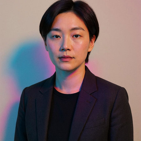 Portrait of a young Asian man in a black suit looking at the camera