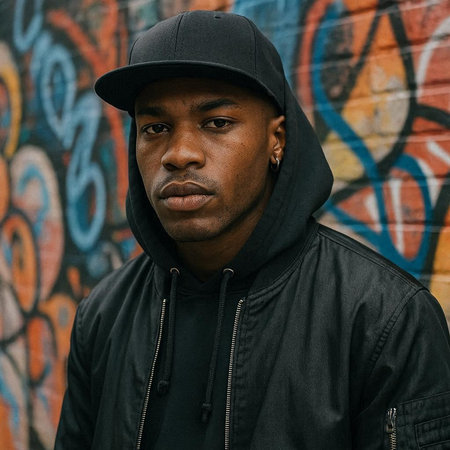 Handsome african american man in black jacket and cap on graffiti background.