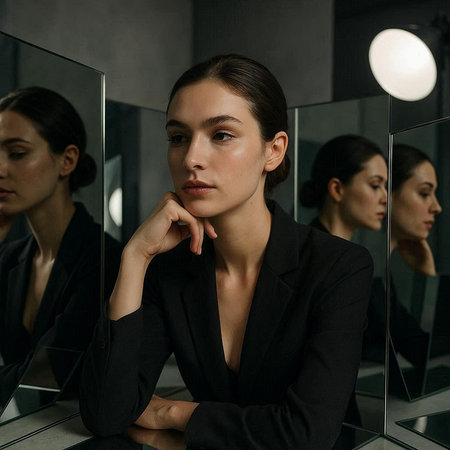 portrait of young businesswoman looking at reflection in mirror in office