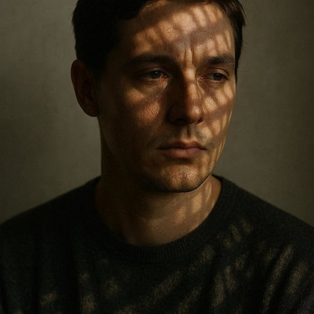 Portrait of a man with blinds on his face. Studio shot.