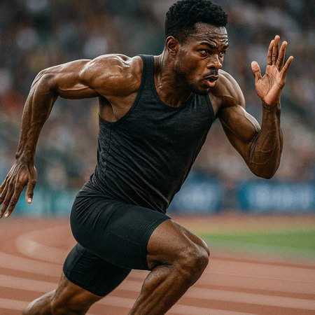 Athlete running on track and field during the race at the stadium.