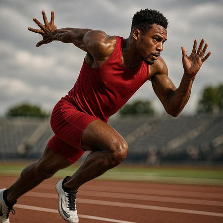 African american male athlete running on track and field. Sport concept
