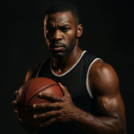 Portrait of a handsome african american man holding basketball ball on black background