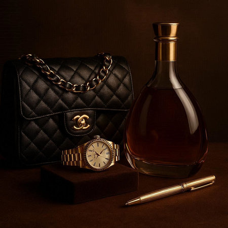 Bottle of cognac, watch and purse on a dark background