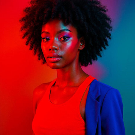 Beautiful african american woman posing in studio with neon light